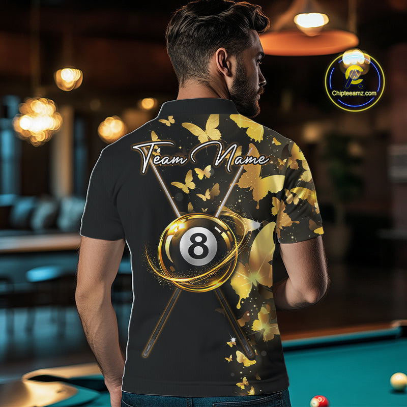 Male billiard player wearing funny butterfly yellow lightning billiard jersey during tournament play, premium sports apparel for competitive athletes, artistic sportswear fans and billiard enthusiasts, symbolizing confidence, growth and elite performance.