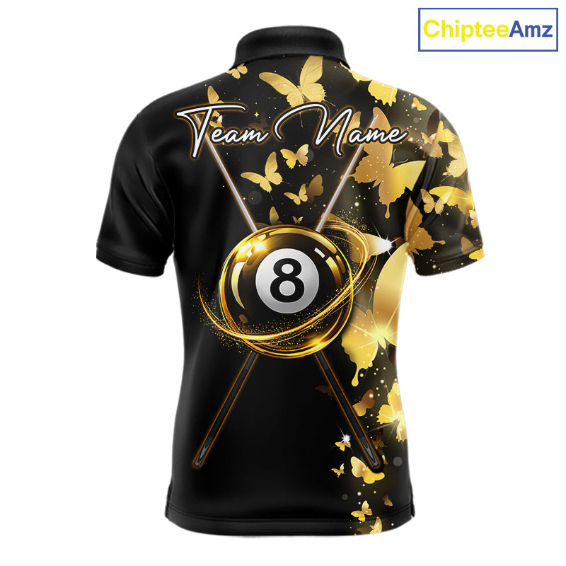 Men's billiard polo featuring funny butterfly, yellow lightning and glowing 8 ball graphics, personalized performance pool apparel for APA leagues, BCA tournaments, butterfly lovers, fantasy art enthusiasts and custom team uniforms, symbolizing transformation, optimism and victory.