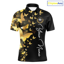 Load image into Gallery viewer, Men's billiard polo featuring funny butterfly, yellow lightning and glowing 8 ball graphics, personalized performance pool apparel for APA leagues, BCA tournaments, butterfly lovers, fantasy art enthusiasts and custom team uniforms, symbolizing transformation, optimism and victory.
