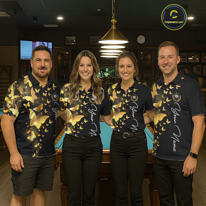 Men women billiard team wearing matching butterfly yellow lightning jerseys during APA league championships, custom team uniforms representing unity, teamwork, transformation, positive energy and championship spirit.