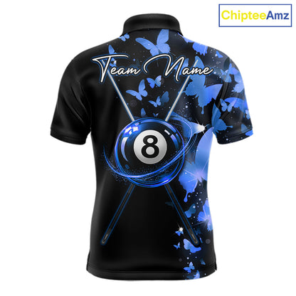 Men's billiard polo featuring butterfly, blue lightning and realistic 8 ball graphics, personalized performance pool shirt for APA leagues, artistic athletes, butterfly lovers and competitive billiard teams, symbolizing wisdom, freedom and precision.