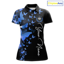 Load image into Gallery viewer, Women's billiard polo featuring butterfly, blue lightning and realistic 8 ball graphics, personalized performance pool shirt for APA leagues, butterfly lovers, artistic athletes and custom billiard teams, symbolizing freedom, balance, wisdom and precision.