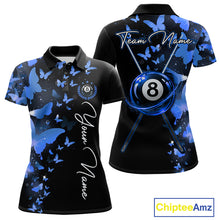 Load image into Gallery viewer, Women's billiard polo featuring butterfly, blue lightning and realistic 8 ball graphics, personalized performance pool shirt for APA leagues, butterfly lovers, artistic athletes and custom billiard teams, symbolizing freedom, balance, wisdom and precision.