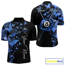 Load image into Gallery viewer, Men's quarter-zip billiard jersey featuring blue lightning with butterfly artwork and glowing 8 ball graphics, premium tournament apparel for BCA championships, league play and custom team uniforms, representing focus, confidence and excellence.