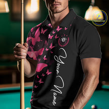 Load image into Gallery viewer, Male billiard player wearing pink lightning butterfly billiard jersey during league competition, premium athletic apparel for artistic sports enthusiasts, competitive players and butterfly fans, symbolizing confidence, originality and success.