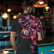 Load image into Gallery viewer, Male billiard player wearing pink lightning butterfly billiard jersey during league competition, premium athletic apparel for artistic sports enthusiasts, competitive players and butterfly fans, symbolizing confidence, originality and success.