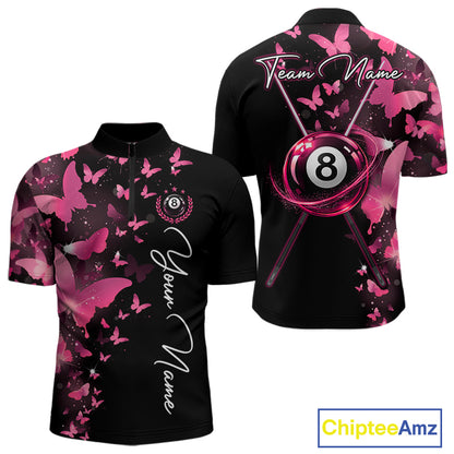 Men's quarter-zip billiard jersey featuring pink lightning, butterfly artwork and realistic 8 ball graphics, custom tournament apparel for APA competitions, billiard clubs and professional teams, representing innovation, positivity and victory.