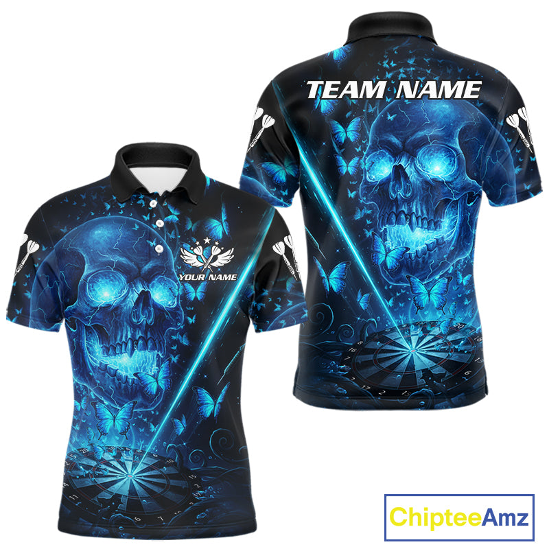 Lightning Blue Butterflies Skull Dartboard Custom Men Darts Polo Shirt Dart Jerseys NYN1848