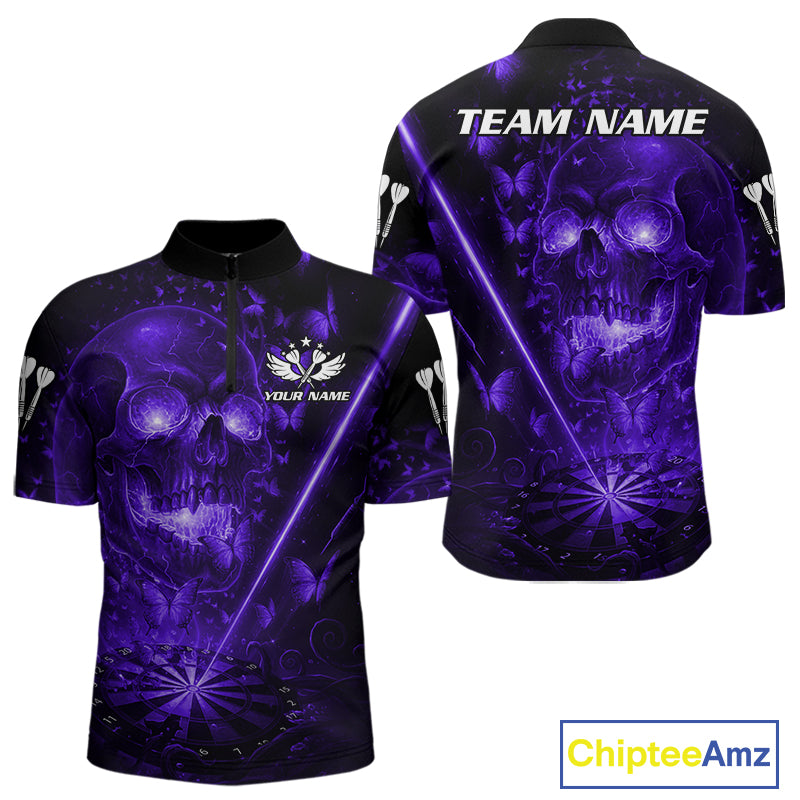Lightning Purple Butterflies Skull Dartboard Custom Men Darts Quarter-Zip Shirt Dart Jerseys NYN1850