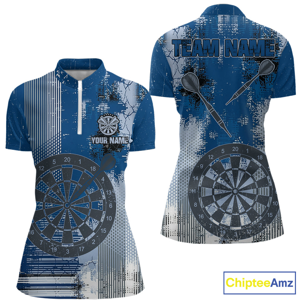 Blue Grey Grunge Dartboard Women Dart Polo & 1/4-Zip Shirt Custom Team Name Dart Jersey For Darters NYN2975