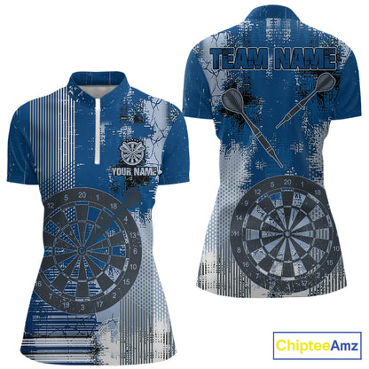 Blue Grey Grunge Dartboard Women Dart Polo & 1/4-Zip Shirt Custom Team Name Dart Jersey For Darters NYN2975