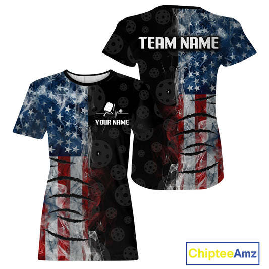 Smoke American Flag Pickleball Shirt For Women Patriotic Pickleball Team Apparel
