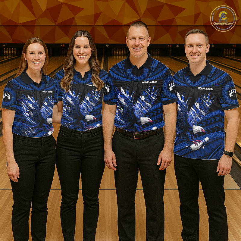Custom Blue Tribal Pattern Polynesian Eagle Bowling Women Polo Quarter-Zip Shirts, Bowling Team Attire NYN3688