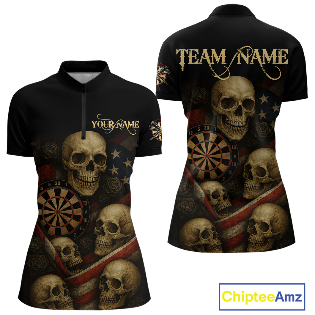 Custom Grunge Skull Dartboard Patriotic Dart Women 1/4-Zip Shirt US Flag Dart Jerseys NYN1562