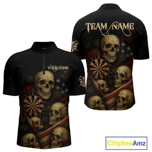 Custom Grunge Skull Dartboard Patriotic Dart Men 1/4-Zip Shirt US Flag Dart Jerseys NYN1562