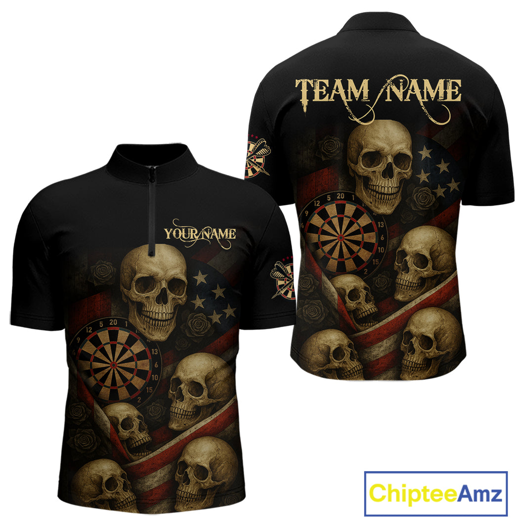 Custom Grunge Skull Dartboard Patriotic Dart Men 1/4-Zip Shirt US Flag Dart Jerseys NYN1562