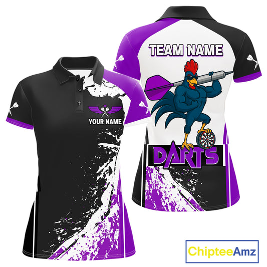 Purple Fiery Rooster Fury Dart Arrow Women Funny Darts Polo Shirt Custom Name Darts Jersey NYN2112
