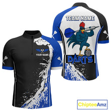 Load image into Gallery viewer, Blue Fiery Rooster Fury Dart Arrow Men Funny Darts Quarter- Zip Shirt Custom Name Darts Jersey NYN2113