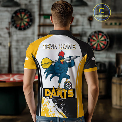 Yellow Fiery Rooster Fury Dart Arrow Men Funny Darts Polo Shirt Custom Name Darts Jersey NYN2114