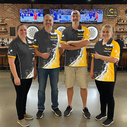 Yellow Fiery Rooster Fury Dart Arrow Men Funny Darts Polo Shirt Custom Name Darts Jersey NYN2114