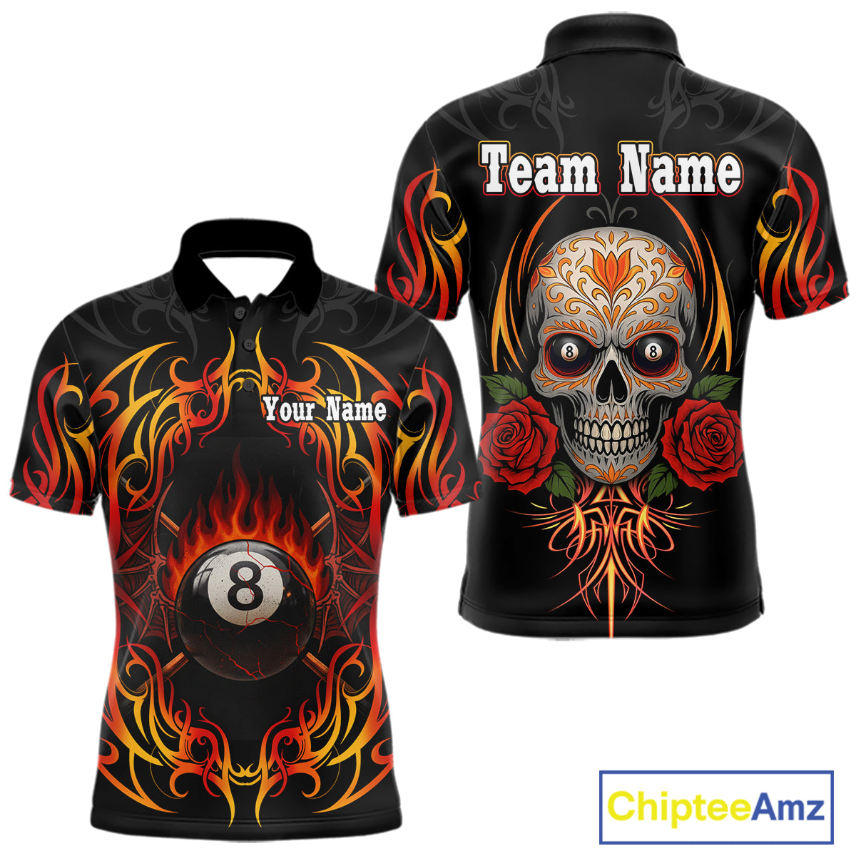 Skull Tribal Ball Pool Men Billiard Polo & 1/4-Zip Shirts Custom Flame 8 Ball Billiard Attire NYN2389