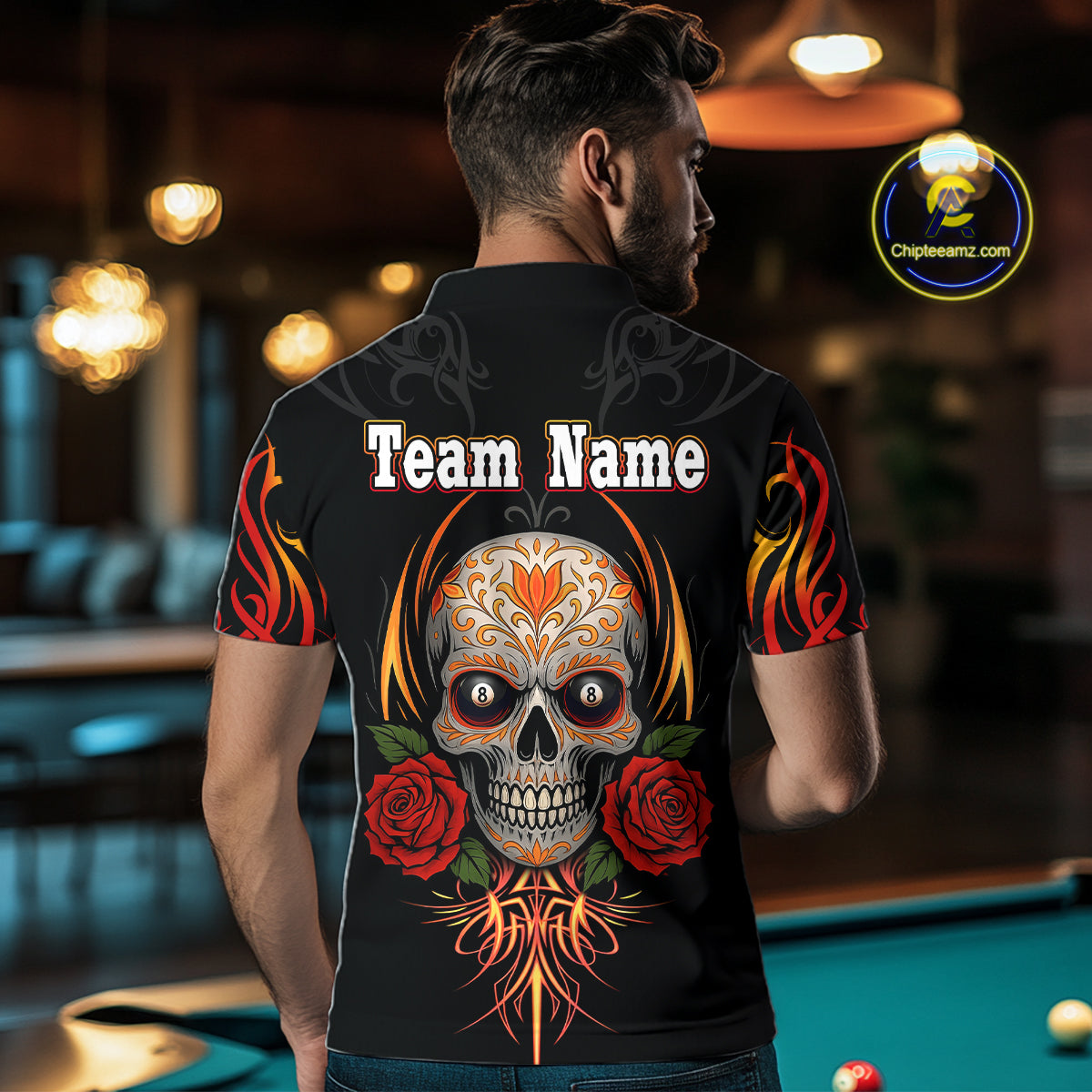 Skull Tribal Ball Pool Men Billiard Polo & 1/4-Zip Shirts Custom Flame 8 Ball Billiard Attire NYN2389
