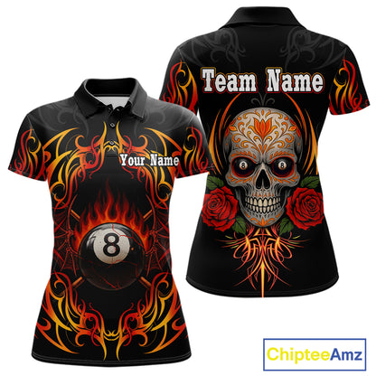 Skull Tribal Ball Pool Women Billiard Polo & 1/4-Zip Shirts Custom Flame 8 Ball Billiard Attire NYN2389