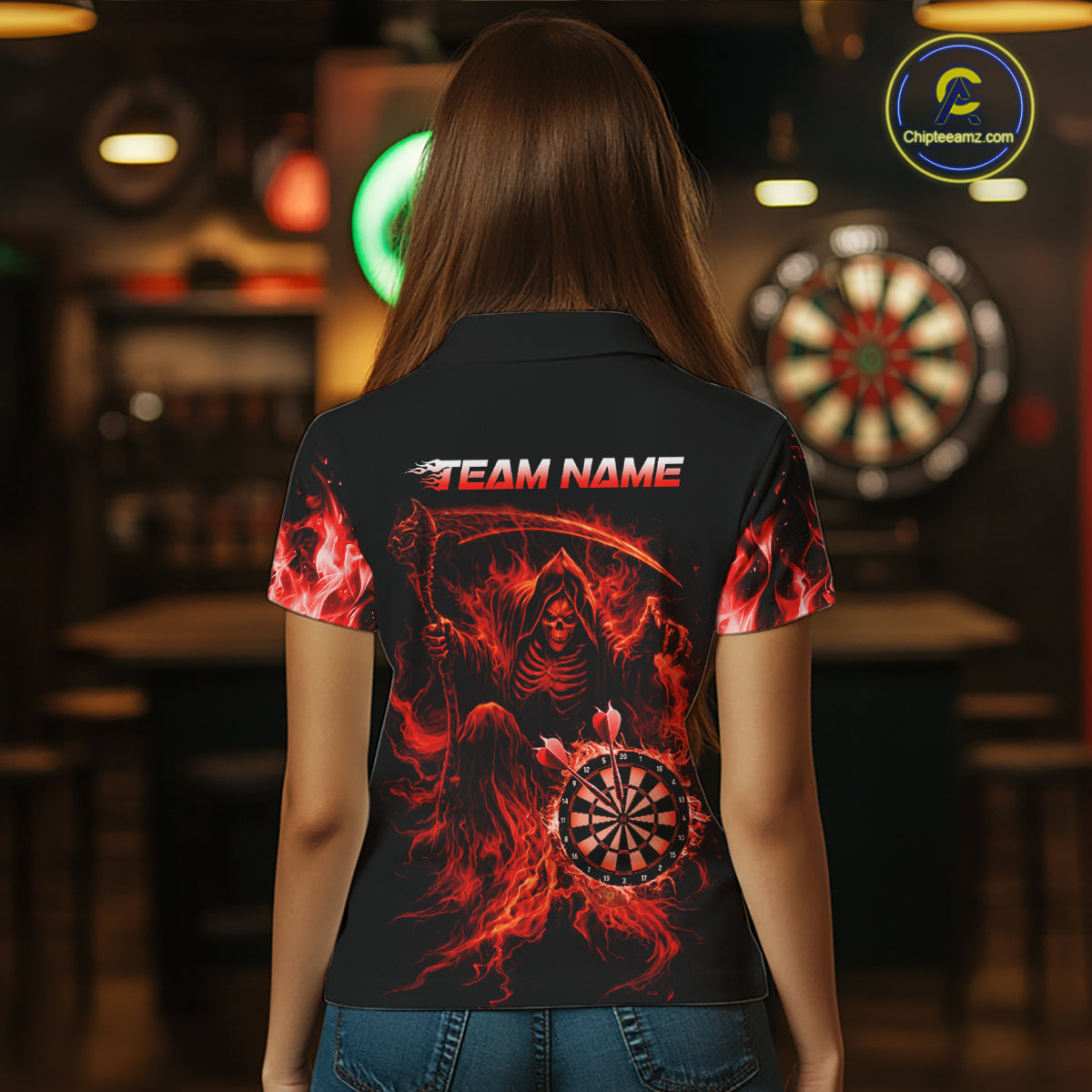 Custom Red Flaming Grim Reaper Dartboard Women Dart Polo Shirt Personalized Skull Dart Team Jerseys NYN2774