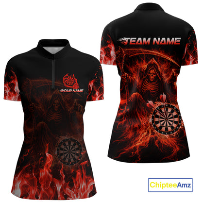 Custom Red Flaming Grim Reaper Dartboard Women Dart Polo Shirt Personalized Skull Dart Team Jerseys NYN2774