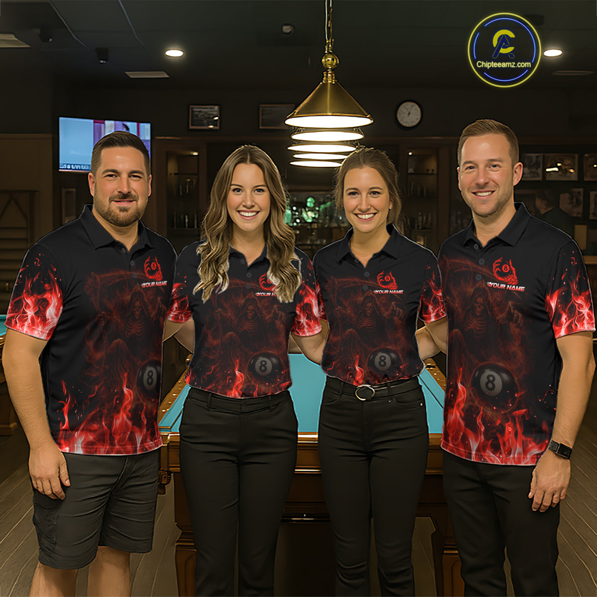 Custom Red Flaming Grim Reaper 8 Ball Billiard Pool Shirts For Women Bowling Polo & 1/4-Zip Jersey NYN2775