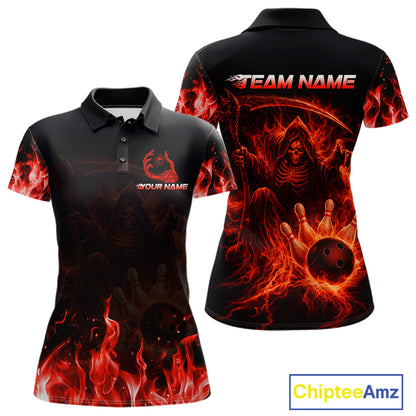 Personalized Red Flaming Grim Reaper Bowling Team Shirts For Women Bowling Polo & 1/4-Zip Jersey NYN2776