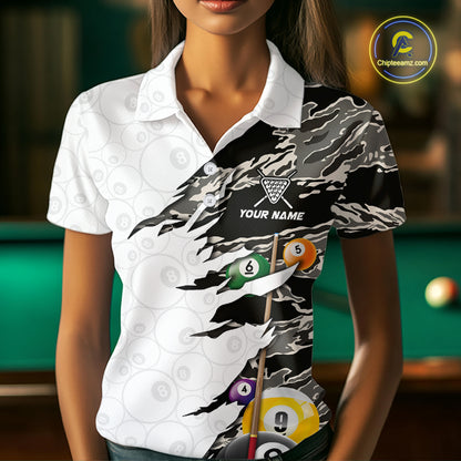 8 Ball & 9 Ball Pool Billiard Cue Shirt For Women Custom Grey Camo Billiard Team Jersey NYN3426