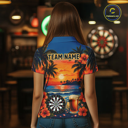 Female model wearing Funny Beer & Dartboard darts polo, custom women's dart league jersey, tropical tournament apparel, vacation-inspired athletic shirt, pub team uniform, personalized darts clothing