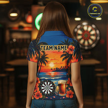 Load image into Gallery viewer, Female model wearing Funny Beer &amp; Dartboard darts polo, custom women's dart league jersey, tropical tournament apparel, vacation-inspired athletic shirt, pub team uniform, personalized darts clothing