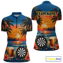 Load image into Gallery viewer, Funny Beer &amp; Dartboard women's quarter-zip darts jersey featuring sunset tropical artwork, personalized dart tournament shirt, pub league apparel, performance darts clothing, custom club uniform, beer lover gift