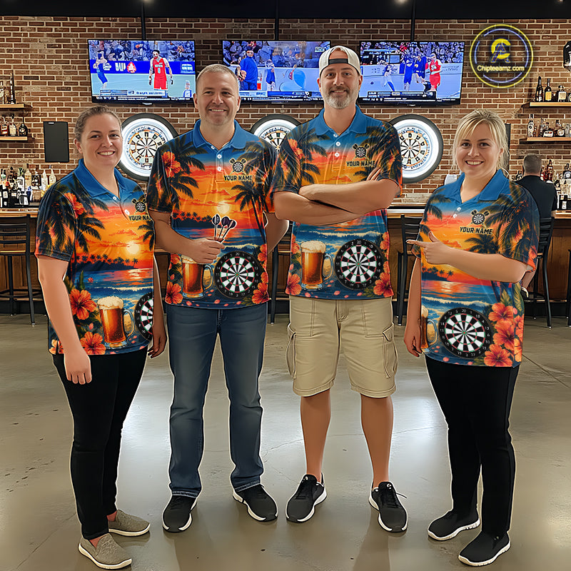 Matching Funny Beer & Dartboard darts team jerseys for men and women, tropical pub league uniforms, personalized dart tournament apparel, bachelor party shirts, team vacation clothing, championship darts team outfit