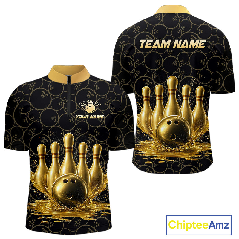 Splatter Gold Dripping Bowling And Pins Jerseys For Men Custom Bowling Ball Shirt Team Attire NYN3180