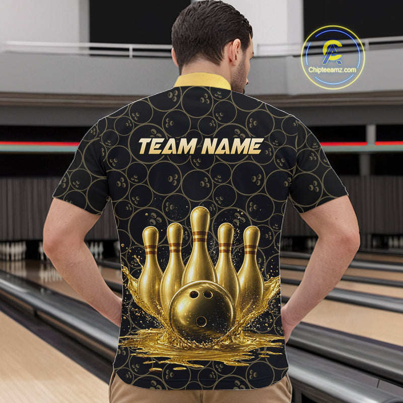 Splatter Gold Dripping Bowling And Pins Jerseys For Men Custom Bowling Ball Shirt Team Attire NYN3180