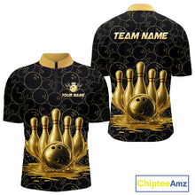 Load image into Gallery viewer, Splatter Gold Dripping Bowling And Pins Jerseys For Men Custom Bowling Ball Shirt Team Attire NYN3180