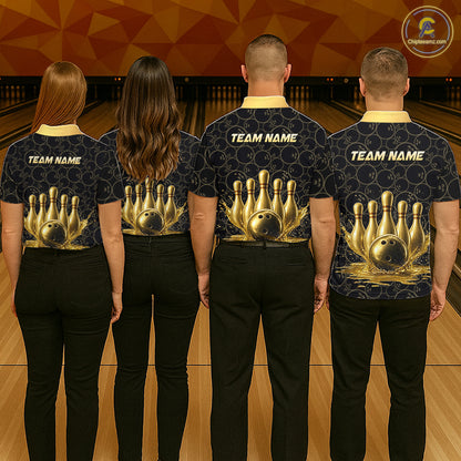 Splatter Gold Dripping Bowling And Pins Jerseys For Men Custom Bowling Ball Shirt Team Attire NYN3180