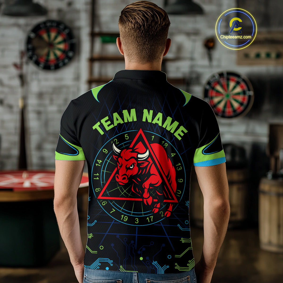 Multi Color Techno Grid & Bull Men's Darts Shirt - Custom Name For Darts Jersey NYN0475