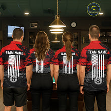 Load image into Gallery viewer, Matching Grunge Black &amp; Red billiard team jerseys with American Flag artwork, patriotic APA tournament uniforms, veterans event apparel, championship cue sports team clothing, matching league jerseys