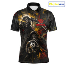 Load image into Gallery viewer, Grunge Yellow &amp; Red Grim Reaper men's billiard polo with dramatic skull artwork, personalized 8 Ball tournament jersey, gothic league apparel, custom cue sports performance clothing