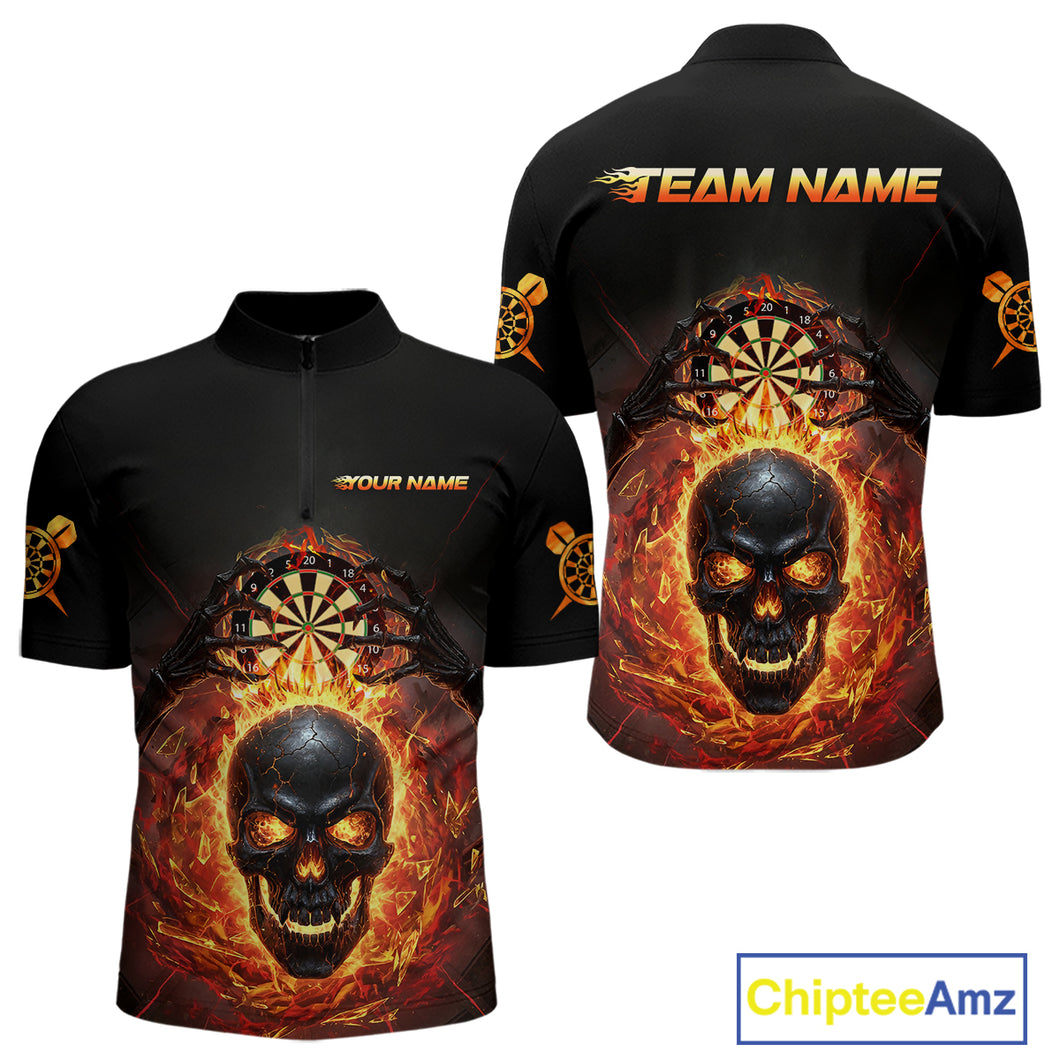 Custom Red Flames Skull Broken Glass Men Darts Quarter-Zip Shirt Outfits Dart Jerseys NYN1902