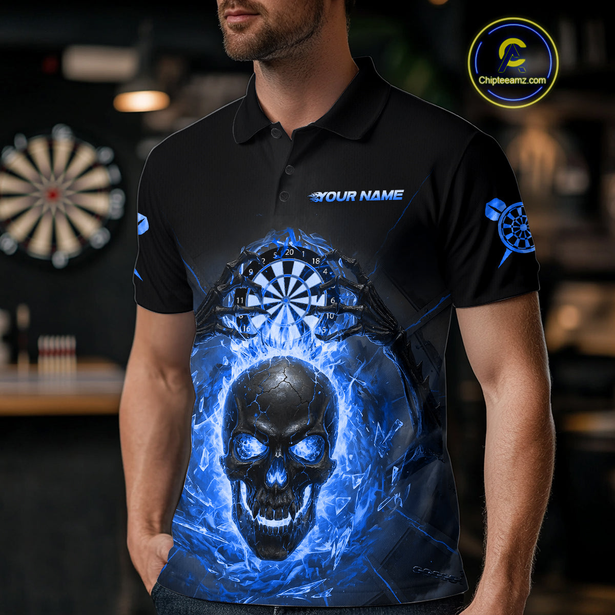 Custom Blue Flames Skull Broken Glass Men Darts Polo Shirt Outfits Dart Jerseys NYN1903