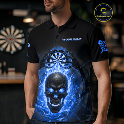 Custom Blue Flames Skull Broken Glass Men Darts Polo Shirt Outfits Dart Jerseys NYN1903