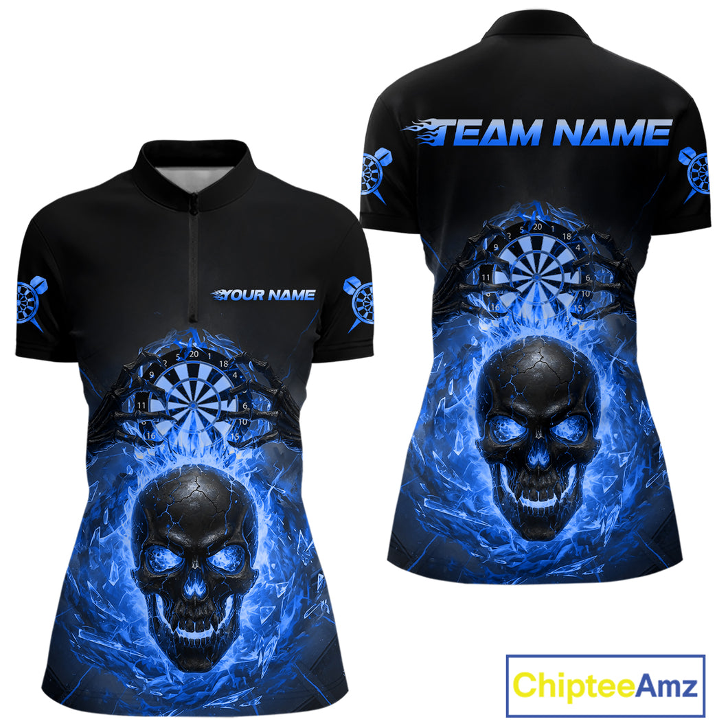 Custom Blue Flames Skull Broken Glass Women Darts Quarter-Zip Shirt Outfits Dart Jerseys NYN1903