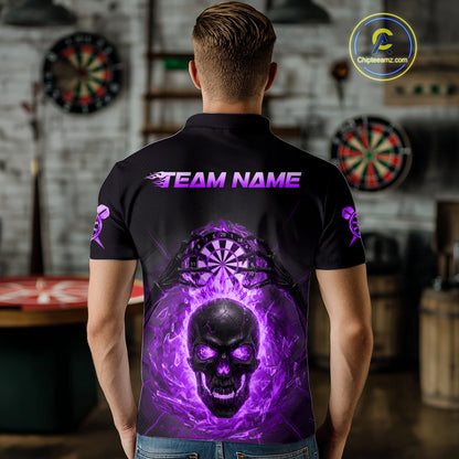Custom Purple Flames Skull Broken Glass Men Darts Polo Shirt Outfits Dart Jerseys NYN1904