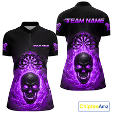 Load image into Gallery viewer, Custom Purple Flames Skull Broken Glass Women Darts Quarter-Zip Shirt Outfits Dart Jerseys NYN1904