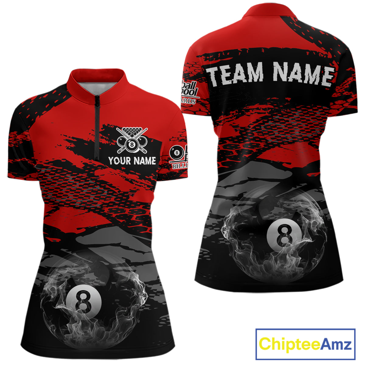 Black & Red Grunge 8 Ball Pool Women Billiard Polo & 1/4-Zip Jersey Custom Billiard Shirt Designs NYN2411